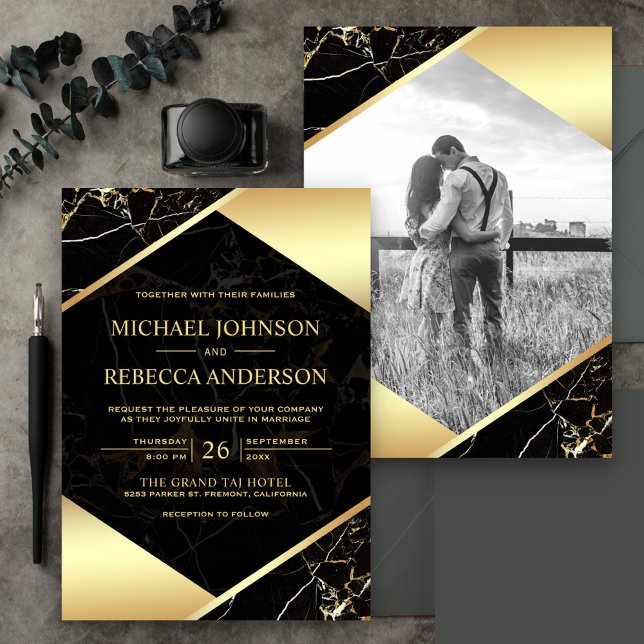 Invitation Mariage Photo Marbre Noir Géométrique Or (Créateur téléchargé)