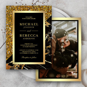 Invitation Mariage Photo Marbre Noir Paillettes Dorées