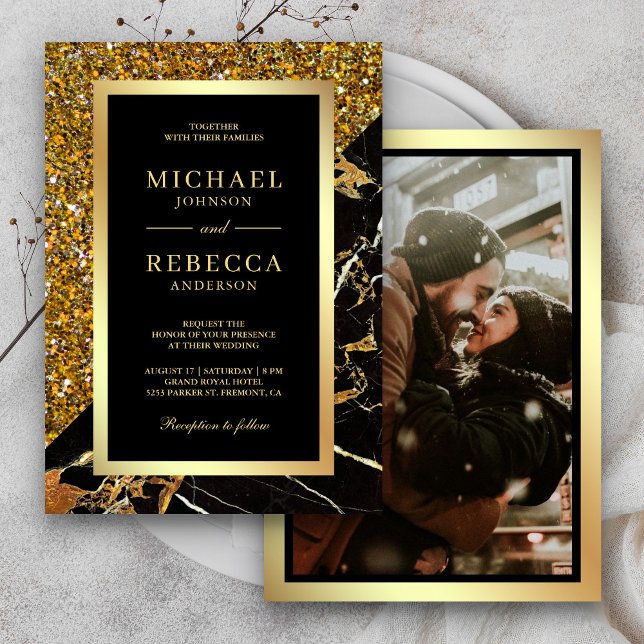Invitation Mariage Photo Marbre Noir Paillettes Dorées (Créateur téléchargé)