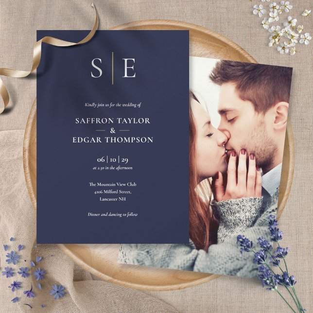 Invitation Mariage photo Marine Blue and Gold Monogram (Créateur téléchargé)