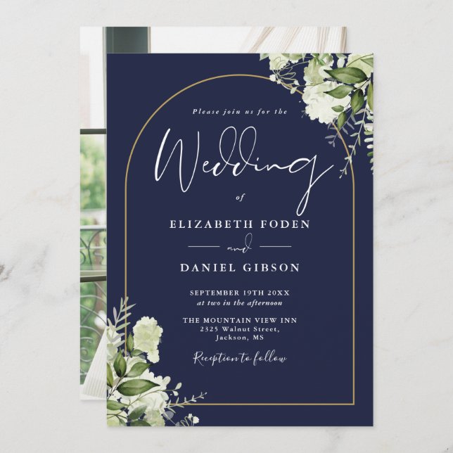 Invitation Mariage photo Marine Blue Greenery Floral Gold Arc (Devant / Derrière)