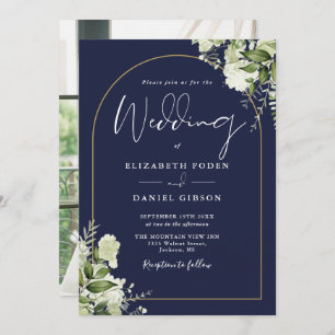 Invitation Mariage photo Marine Blue Greenery Floral Gold Arc