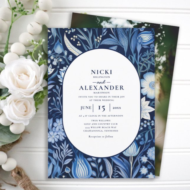 Invitation Mariage photo Marine Blue White Floral Arch (Blue and white floral oval/double arch photo wedding invitation)