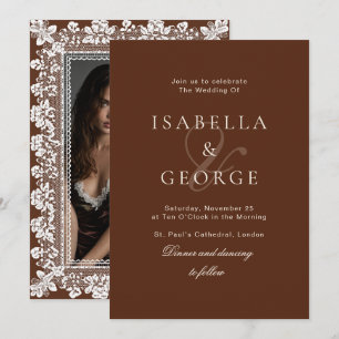 Invitation Mariage Photo Marron Chocolat Old Money Broderie