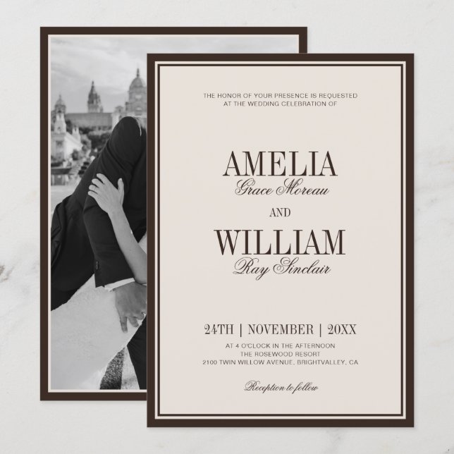Invitation Mariage Photo Marron Crème Luxe Classique Argent A (Devant / Derrière)