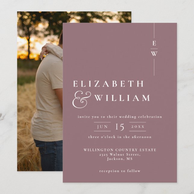 Invitation Mariage photo Mauve Modern Elegant Monogram (Devant / Derrière)