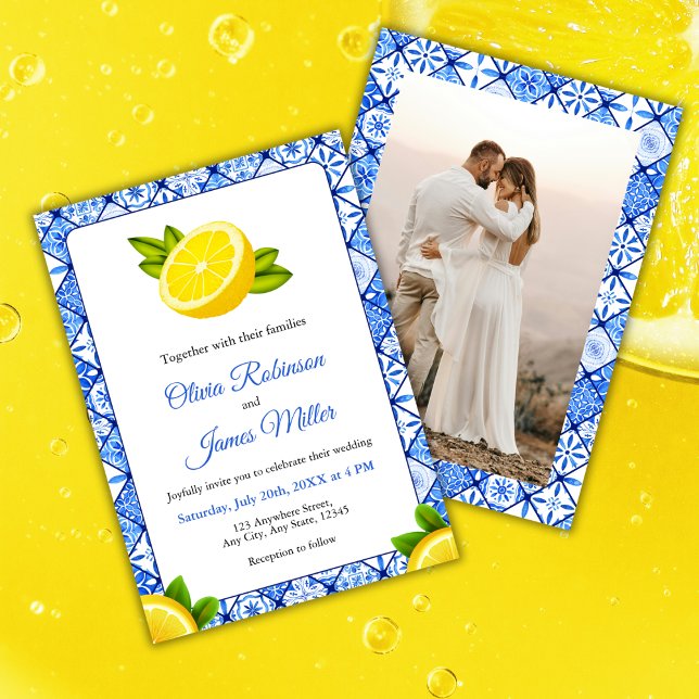 Invitation Mariage photo méditerranéen italien Carrelage bleu (Mediterranean Italian Blue Tile Lemon Photo Wedding Invitation )