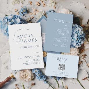 Invitation Mariage photo Minimaliste Bleu Poussiéreux