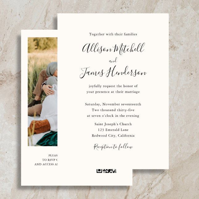 Invitation Mariage photo minimaliste écriture ivoire (Créateur téléchargé)