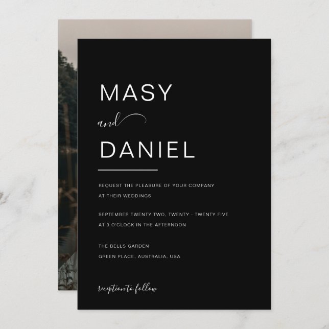 Invitation Mariage photo minimaliste élégant noir romantique (Devant / Derrière)