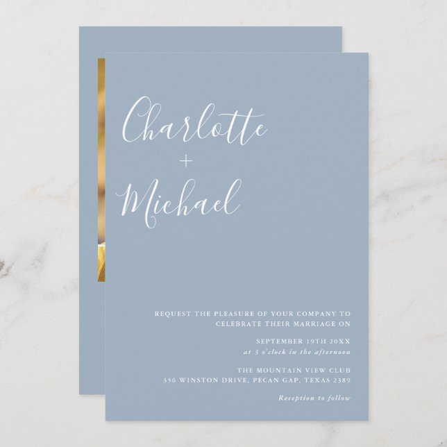 Invitation Mariage photo minimaliste en bleu foncé (Devant / Derrière)