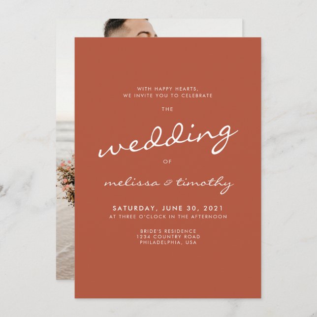 Invitation Mariage photo minimaliste en terre cuite moderne (Devant / Derrière)