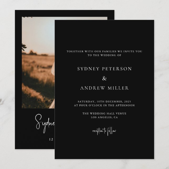 Invitation Mariage photo minimaliste moderne noir (Devant / Derrière)