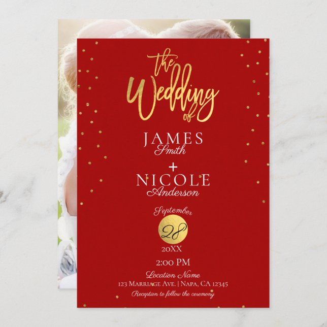 Invitation Mariage photo minimaliste moderne Red & Gold Foil (Devant / Derrière)