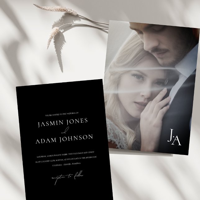 Invitation Mariage photo minimaliste monogramme noir (Minimalist Black Simple Monogram Photo Wedding Invitation)