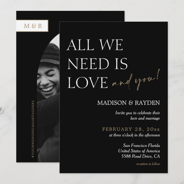 Invitation Mariage photo minimaliste noir et or (Devant / Derrière)