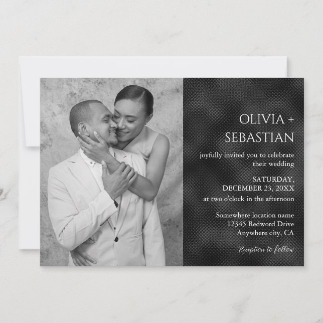 Invitation Mariage photo minimaliste noir moderne texturé (Devant)
