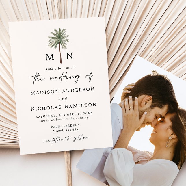 Invitation Mariage photo minime de palmier Monogramme (Créateur téléchargé)