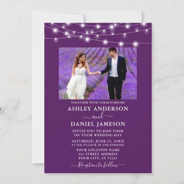 Invitation Mariage photo moderne à cordes violettes (Devant)