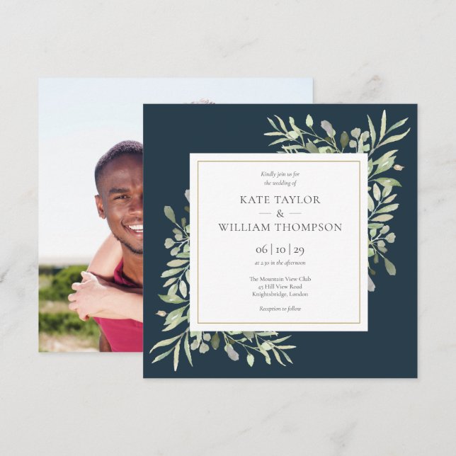 Invitation Mariage photo moderne avec verdure bleu profond (Devant / Derrière)