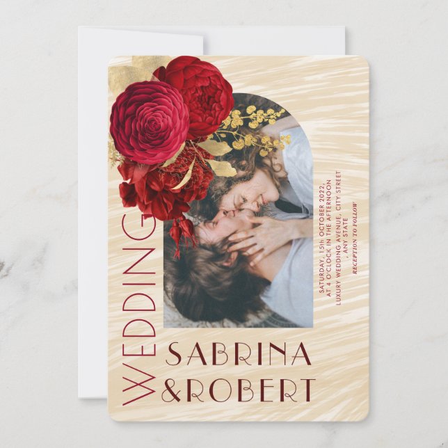 Invitation Mariage photo moderne Beige Bourgogne Floral Arch (Devant)