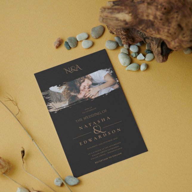 Invitation Mariage photo moderne Black and Gold Stroke (Créateur téléchargé)