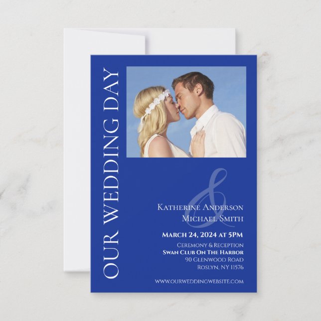 Invitation Mariage photo moderne bleu et blanc - (Devant)