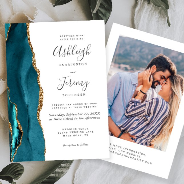 Invitation Mariage Photo Moderne Bleu Sarcelle Or Agate (Créateur téléchargé)