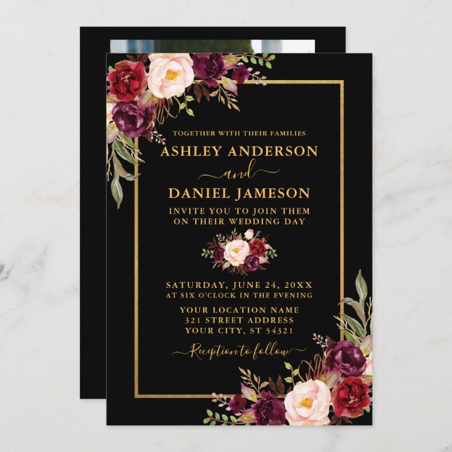 Invitation Mariage photo moderne Bourgogne Floral Black Gold (Devant / Derrière)