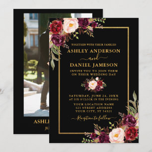 Invitation Mariage photo moderne Bourgogne Floral Black Gold