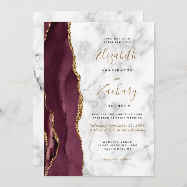 Invitation Mariage photo moderne Burgundy Gold Agate Marbre (Devant / Derrière)