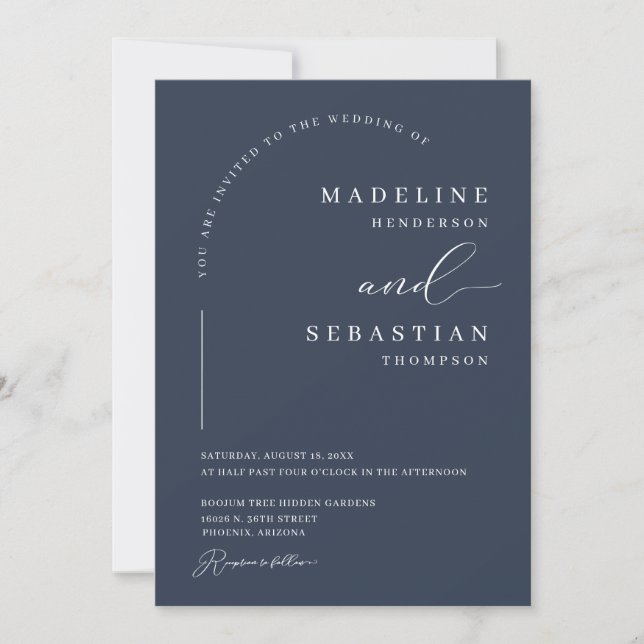 Invitation Mariage Photo Moderne Classique Bleu Marine Archét (Devant)