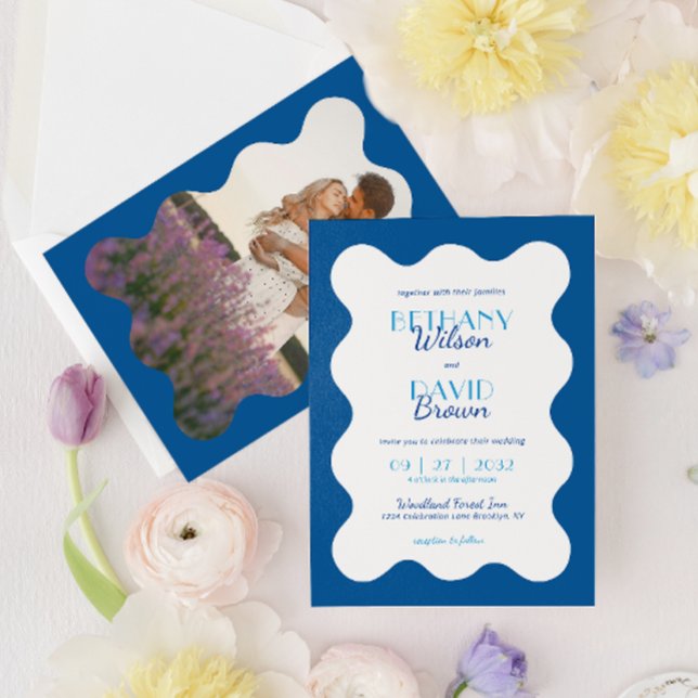 Invitation Mariage photo moderne Coastal Blue Wave Scallop (Créateur téléchargé)