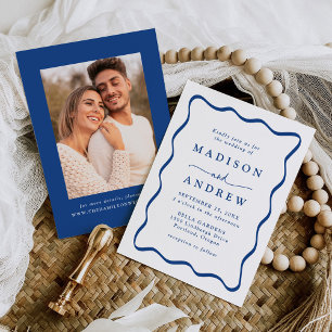 Invitation Mariage photo moderne de cadre bleu vague
