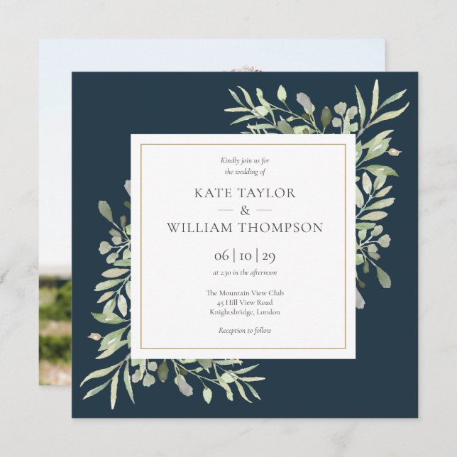 Invitation Mariage photo moderne Deep Sea Blue Greenery (Devant / Derrière)