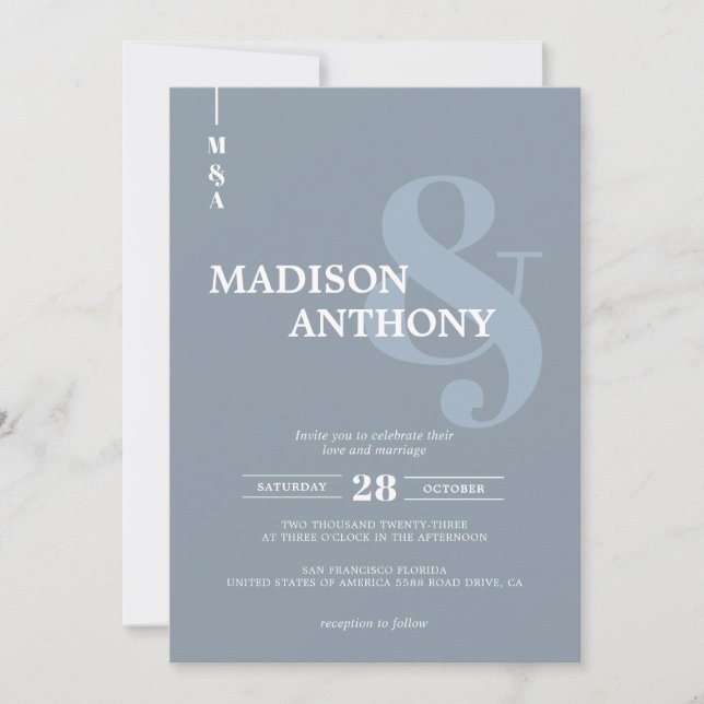 Invitation Mariage photo moderne Dusty Blue Ampersand Script (Devant)