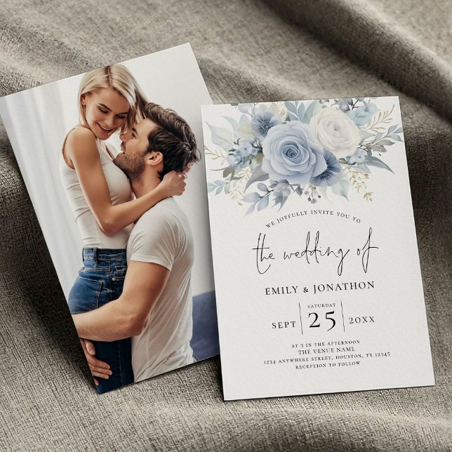 Invitation Mariage photo moderne Dusty Blue Florals (front and back view)