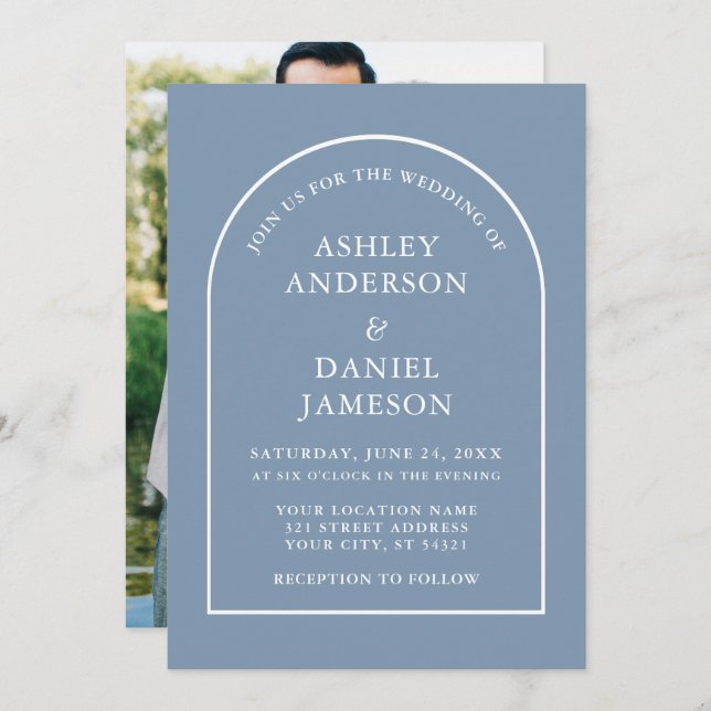 Invitation Mariage photo moderne élégant Arch Dusty Blue (Devant / Derrière)