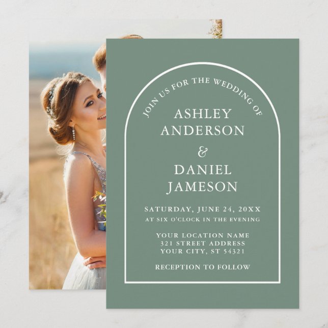 Invitation Mariage photo moderne élégant Arch Sage Vert (Devant / Derrière)