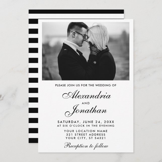 Invitation Mariage photo moderne Elégant Couple BxW rayé (Devant / Derrière)
