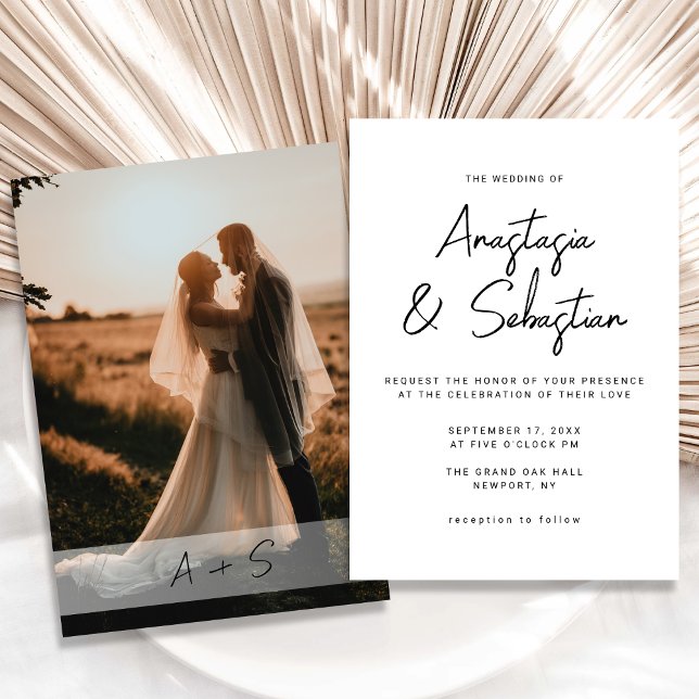 Invitation Mariage photo moderne élégant noir et blanc (Modern Elegant Black & White Script Photo Wedding Invitation)
