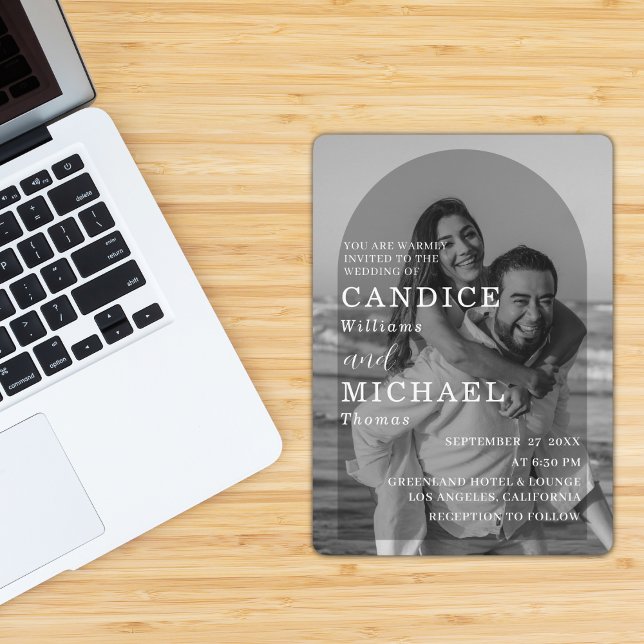 Invitation Mariage photo moderne élégant noir et blanc Arc (Créateur téléchargé)