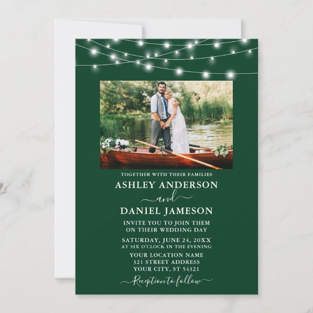 Invitation Mariage photo moderne Emerald Green Lights (Devant)
