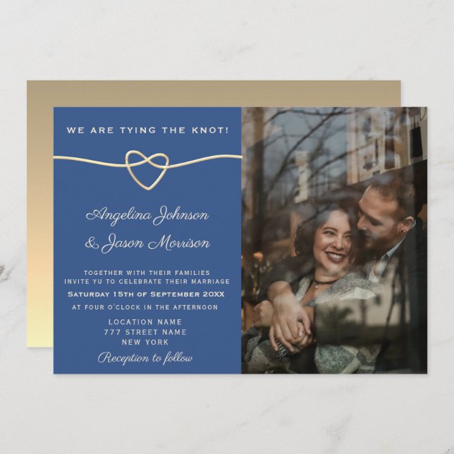 Invitation Mariage photo moderne Gold Heart Blue (Devant / Derrière)