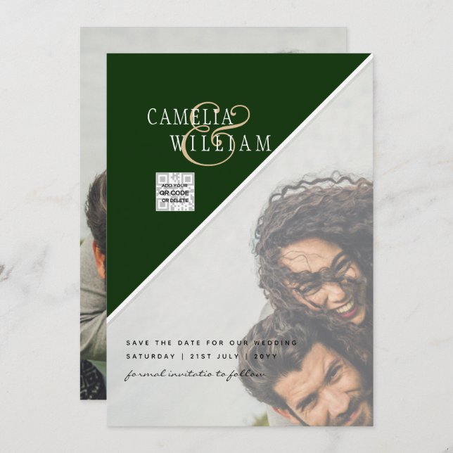 Invitation Mariage PHOTO moderne Inviter QR CODE Rsvp Green (Devant / Derrière)