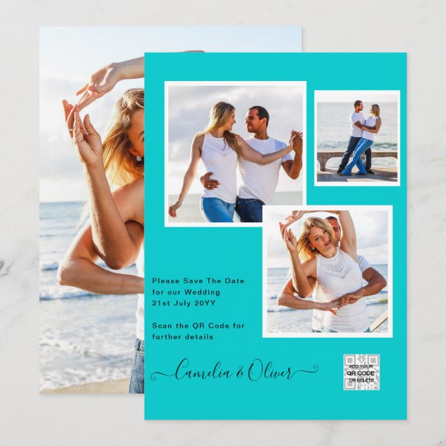 Invitation Mariage PHOTO moderne Inviter QR CODE RSVP TURQUOI (Devant / Derrière)