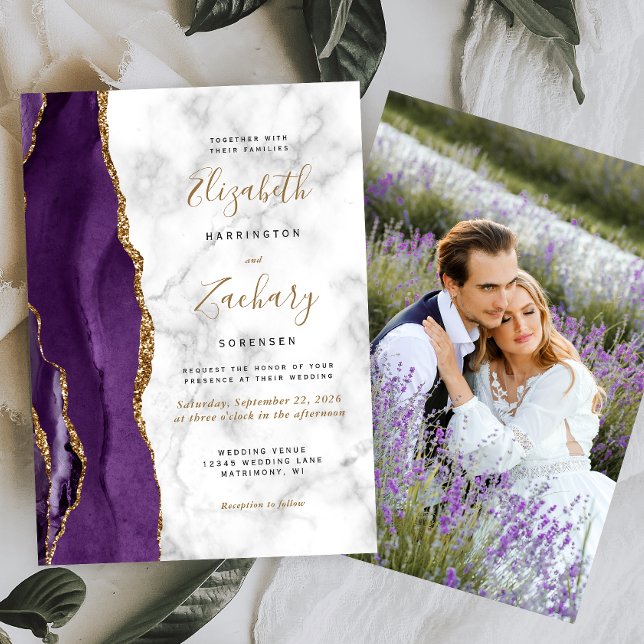 Invitation Mariage Photo Moderne Marbre Agate Or Violet (Créateur téléchargé)