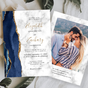 Invitation Mariage photo moderne Marine Blue Gold Agate Marbr