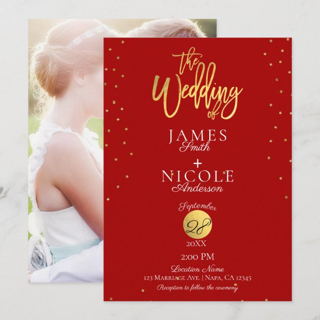 Invitation Mariage photo moderne minimal rouge et or à feuill (Devant / Derrière)