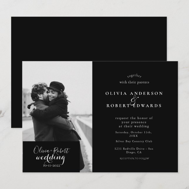 Invitation mariage photo moderne noir et blanc (Devant / Derrière)